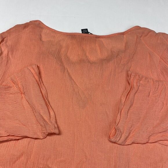 Zac & Rachel Boho Blouse Sz XL Coral/Orange Roll Tab Sleeve Gauze Tassels Beads - Picture 9 of 9